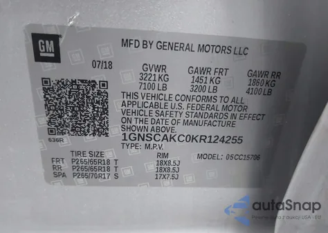 2019 Chevrolet Tahoe Ls z USA, uszkodzony, nr VIN 1GNSCAKC0KR124255